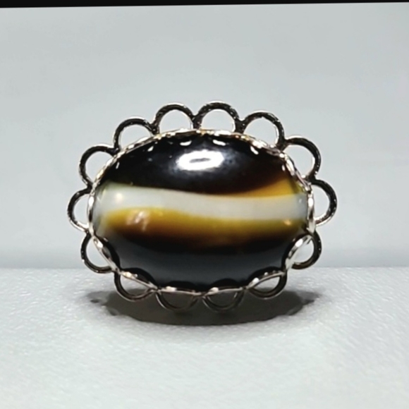 Rare 1960s Cufflinks Banded Agate Silver Alloy Retro Vintage Unique - Picture 5 of 5